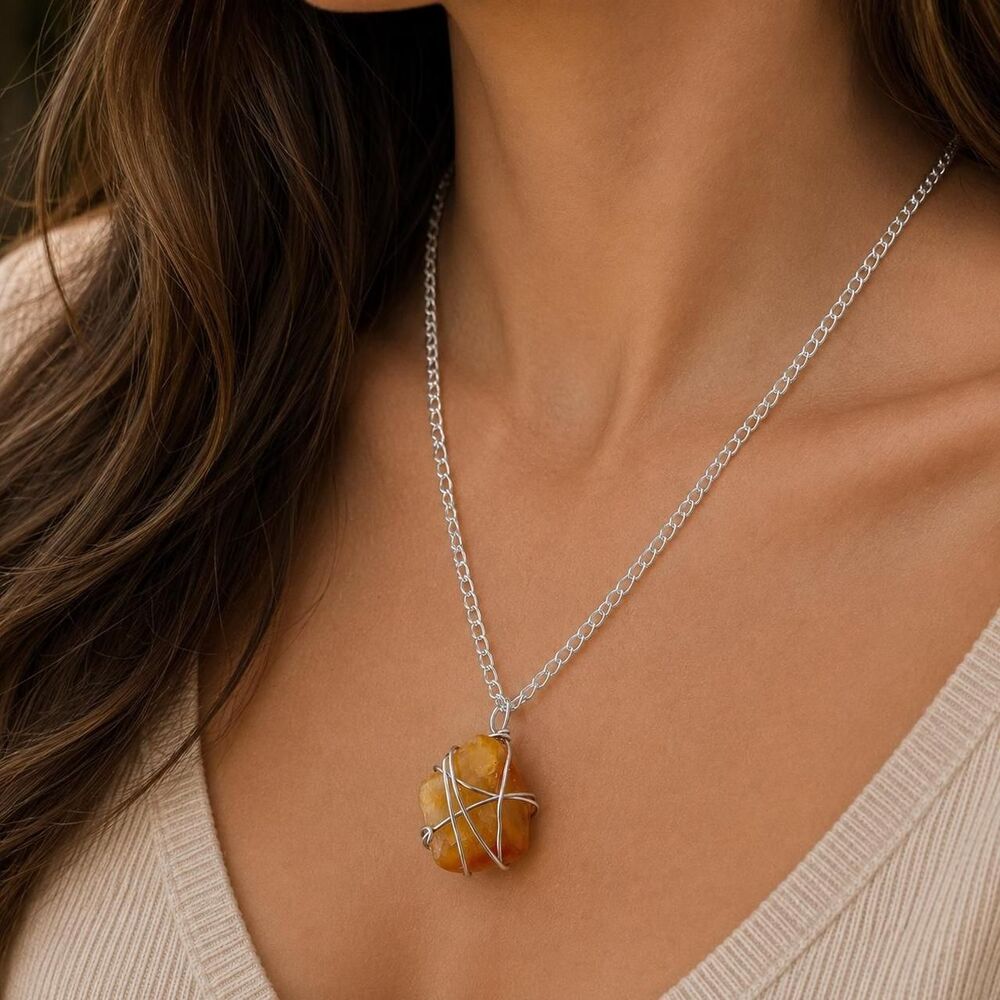 Handmade Wire Wrapped Carnelian Necklace, Crystal Pendant, Boho Silver Chain